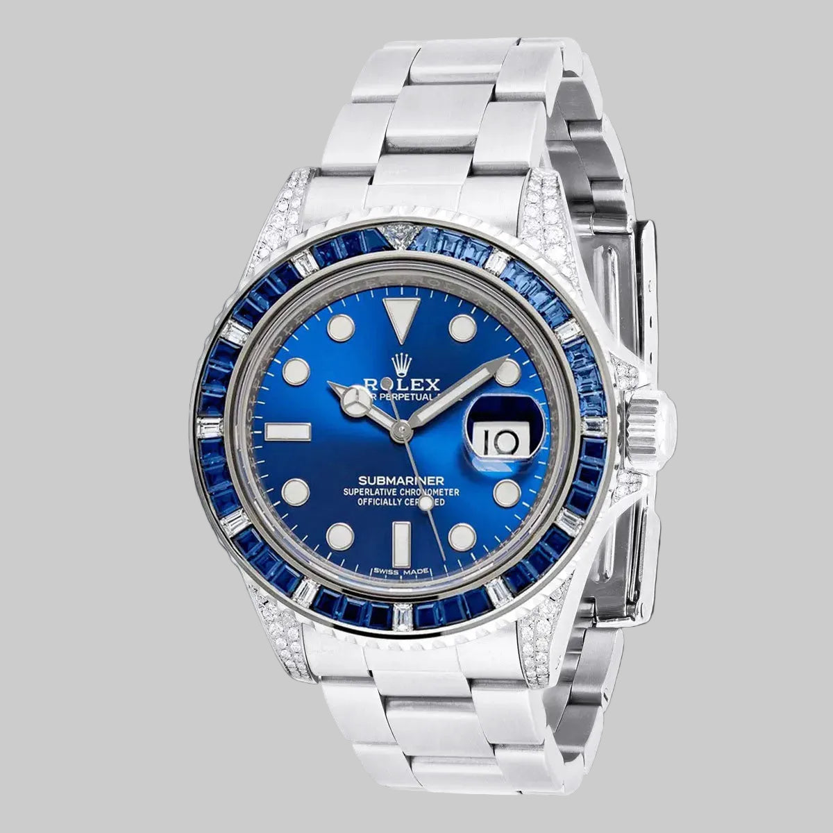 **Rolex Submariner Blue Dial with Diamond Lugs and Sapphire Bezel**