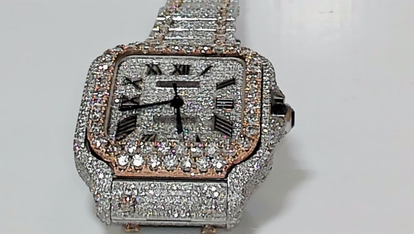 Cartier Santos Two-Tone Fully Iced Diamond Watch.