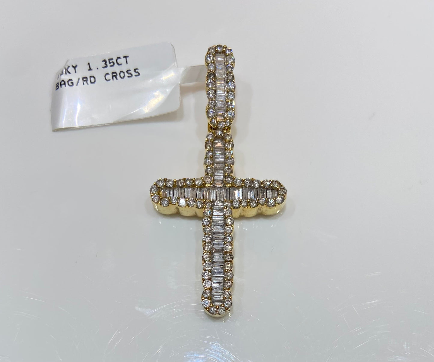 10K Yellow Gold 1.35CT Baguette/Round Cross Charm