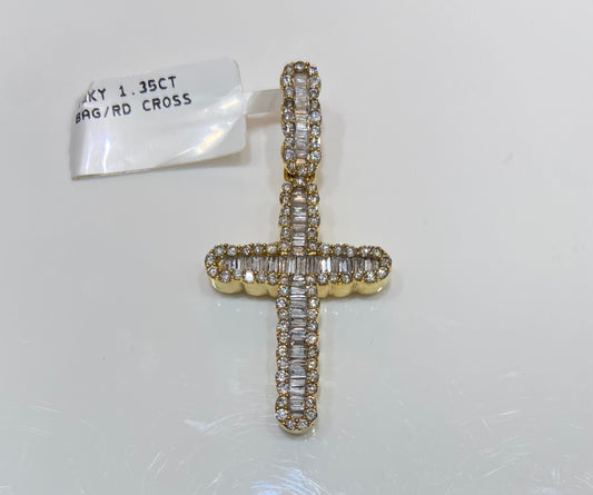 10K Yellow Gold 1.35CT Baguette/Round Cross Charm