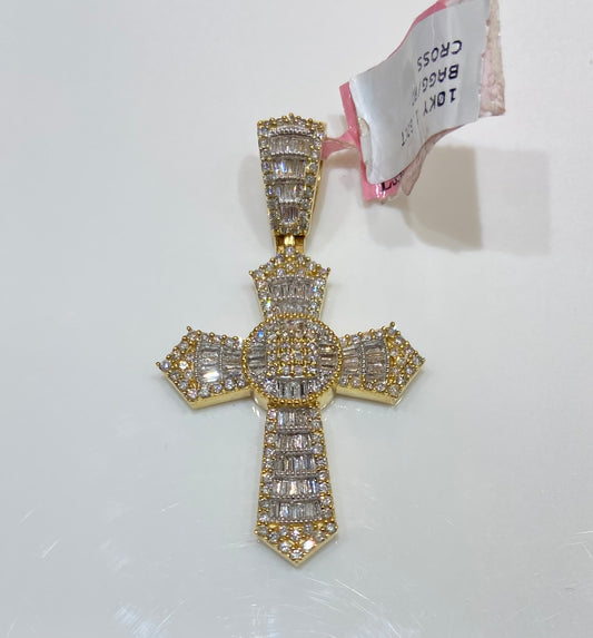 10K Yellow Gold 1.60CT Baguette/Round Cross Charm