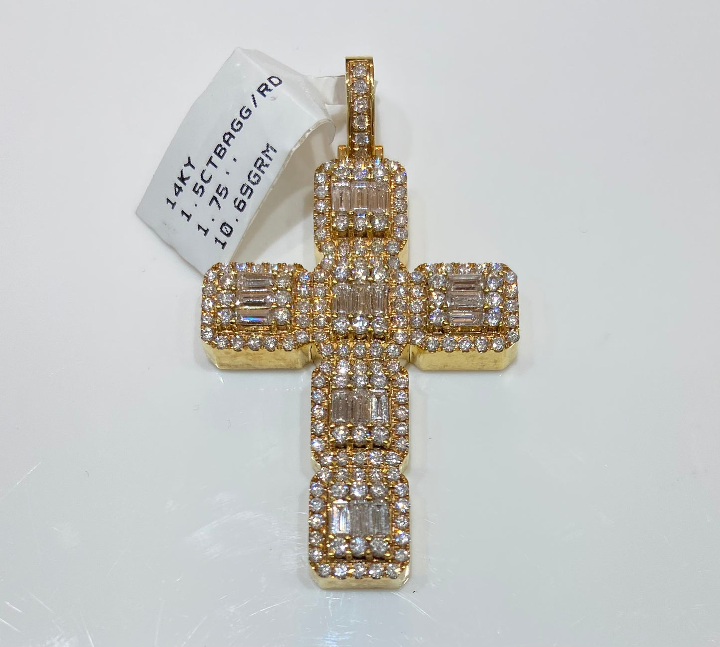 14K Yellow Gold 1.5CT Baguette/Round Cross Charm