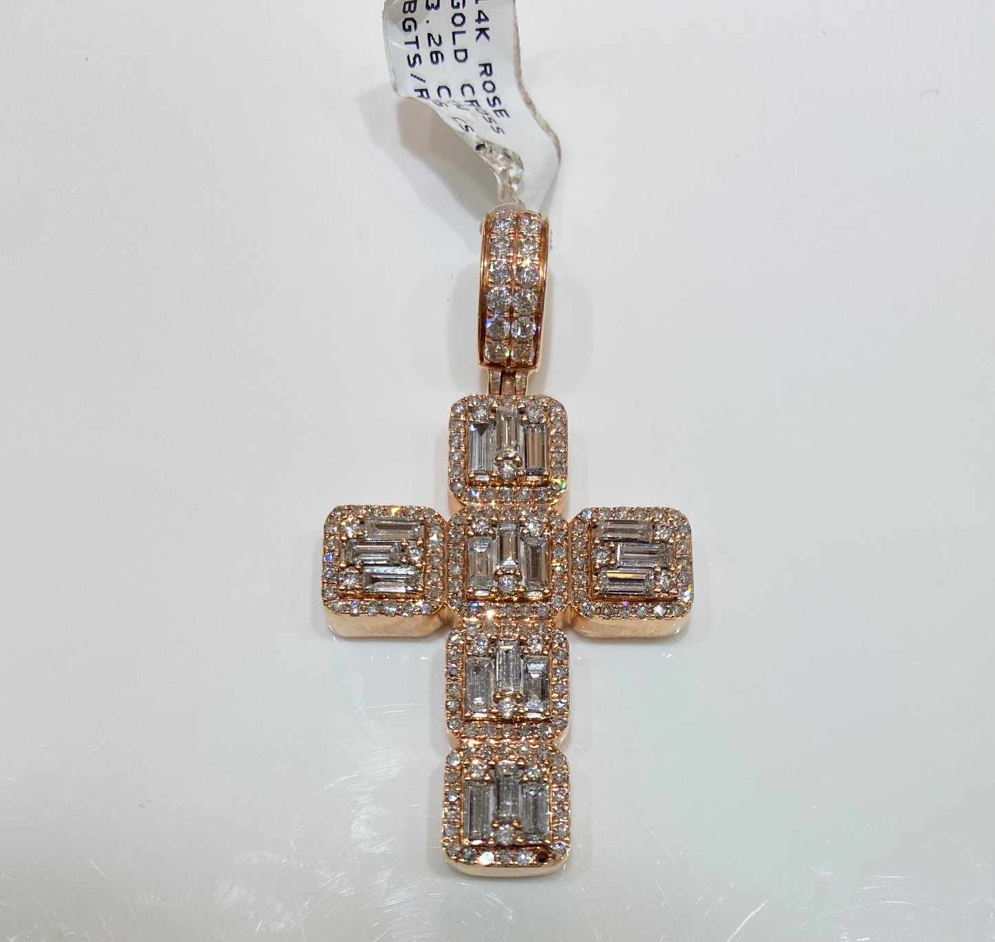 14K Rose Gold 3.26CTW Baguette/Round Cross