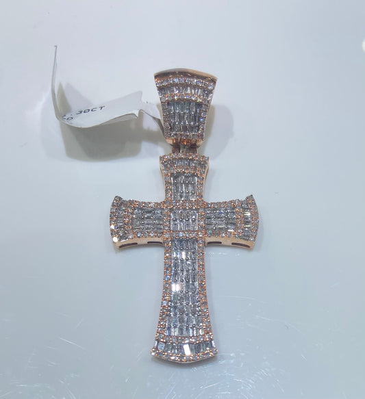 10K Rose Gold 1.30CT Baguette/Rounds Cross Charm