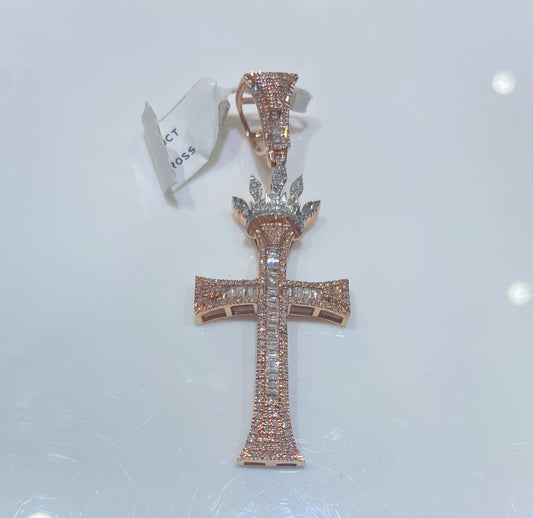 10K Rose Gold 0.80CT Baguette/Round Crown Cross Charm