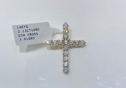 14K Yellow Gold 2.13CT 15Round Diamond Cross Charm
