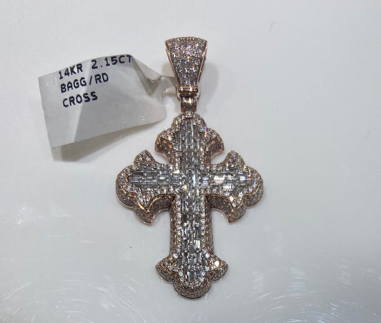 14K Rose Gold 2.15CT Baguette/Round Cross Charm