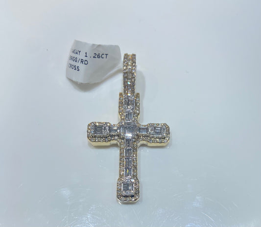 14K White Yellow Gold 1.26CT Baguette/Round Cross Charm