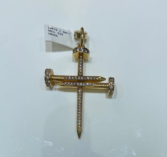 14K Yellow Gold 1.50CT Nail Diamond Cross Charm