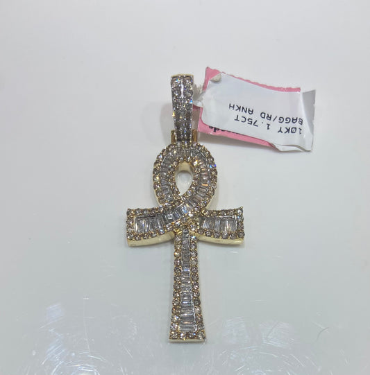 10K Yellow Gold 1.75CT Baguette/Rounds Ankh Charm
