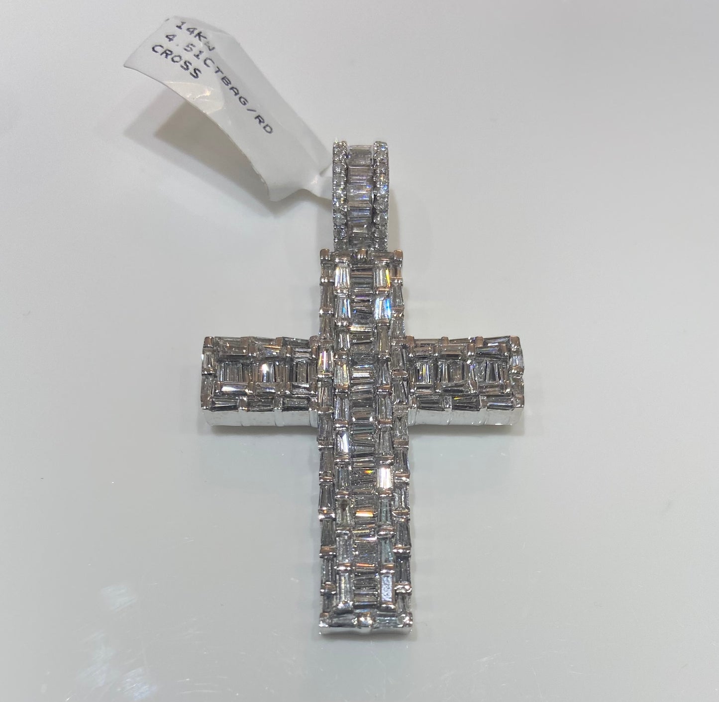 14K White Gold 4.51CT Baguette/Round Cross Charm