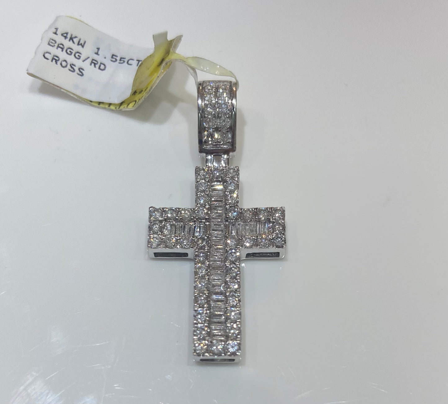 14K White Gold 1.55CT Baguette/Round Cross Charm