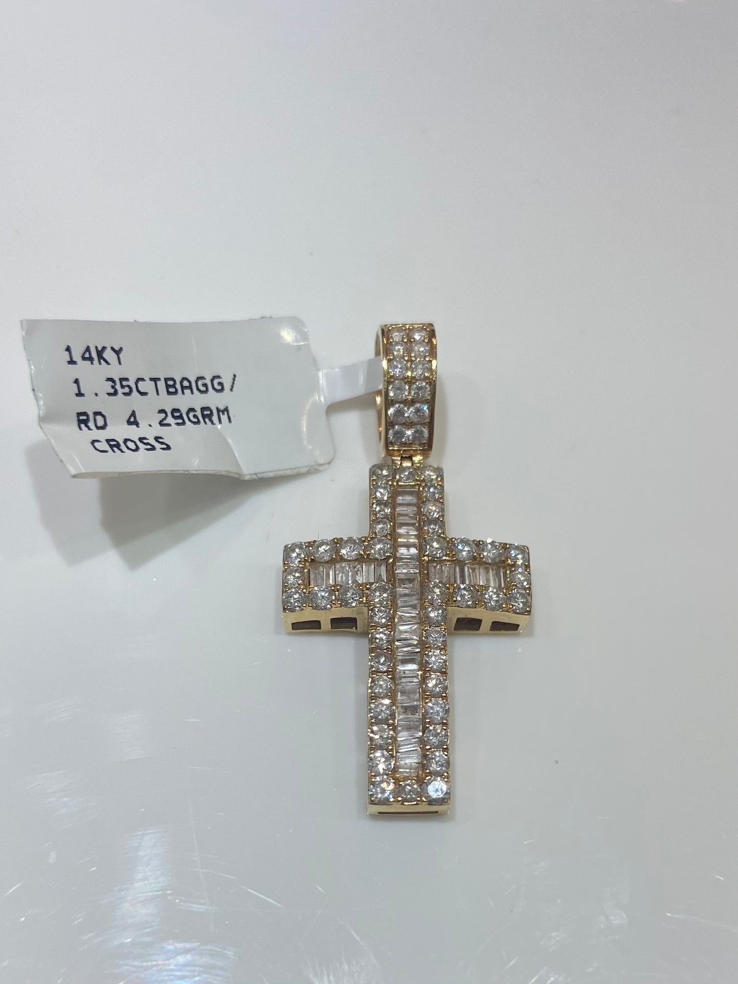 14K Yellow Gold 1.35CT Baguette/Rounds 4.29GRM Cross Charm