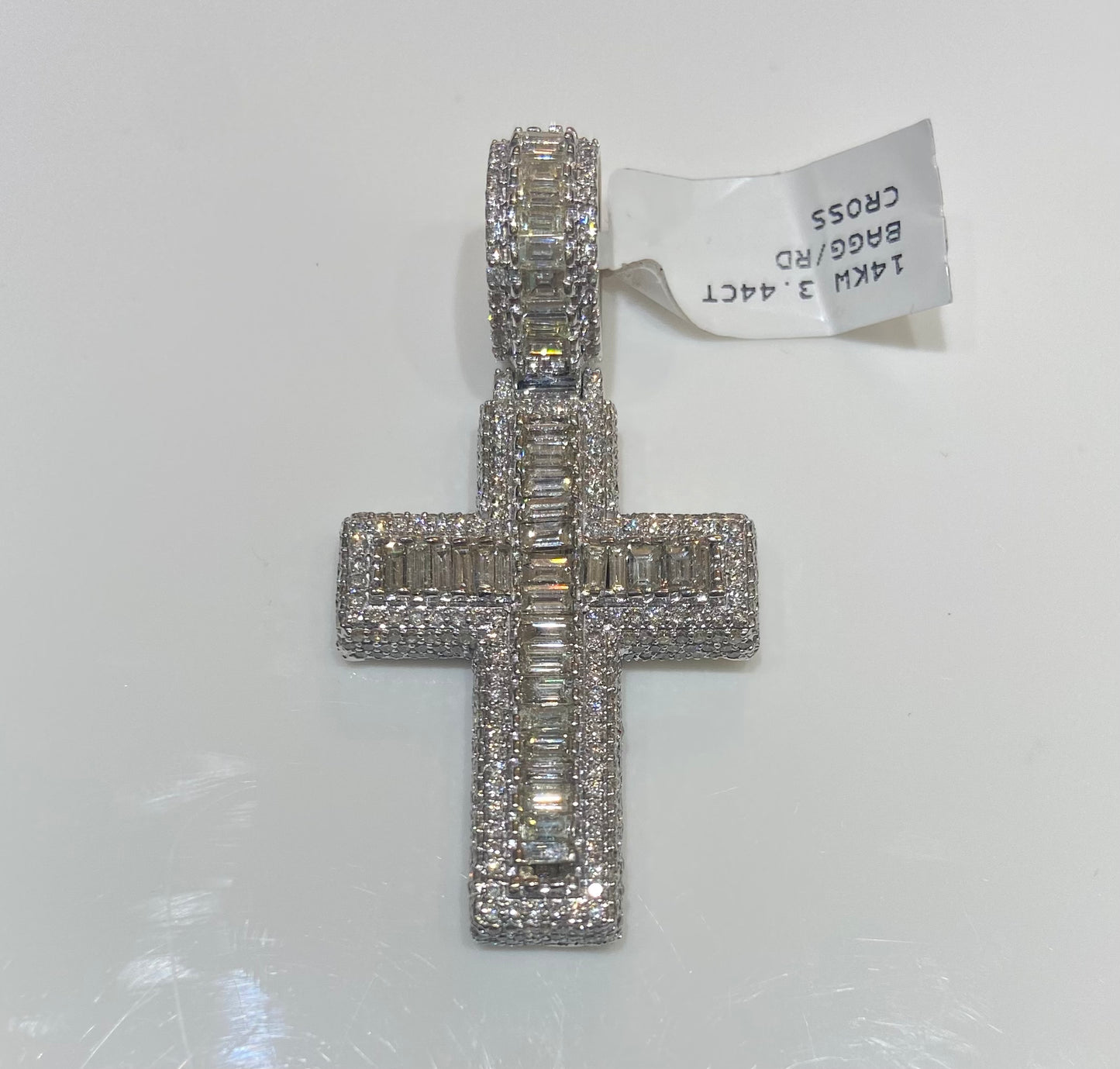14K White Gold 3.44CT Baguette/Round Cross