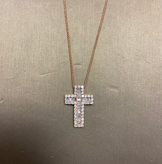 14K Rose Gold 1.09CT Baguette/Rounds Cross Charm With Chain