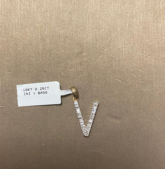 10K Yellow Gold 0.25CT "V" Initial Baguette Charm