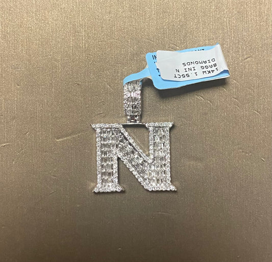 14K White Gold 1.55CT "N" Baguette Initial Charm