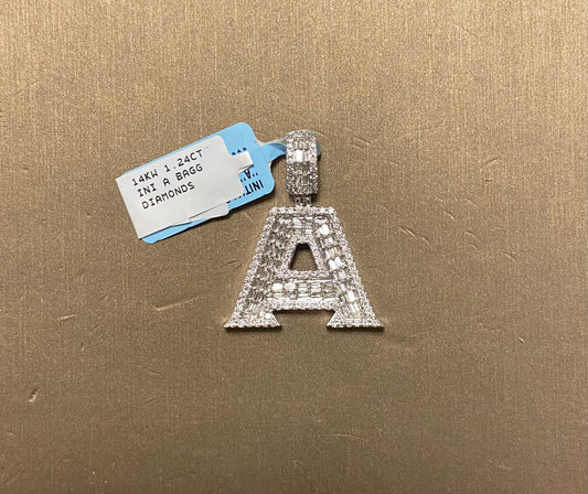 14K White Gold 1.24CT "A" Baguette Initial Charm