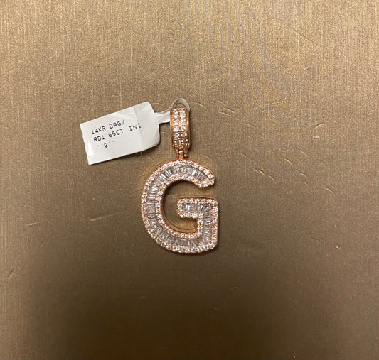 14K Rose Gold 1.65CT "G" Baguette/Rounds Initial Charm