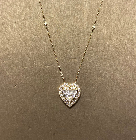 14K Yellow Gold 0.96CT Baguette Heart Pendant With Necklace