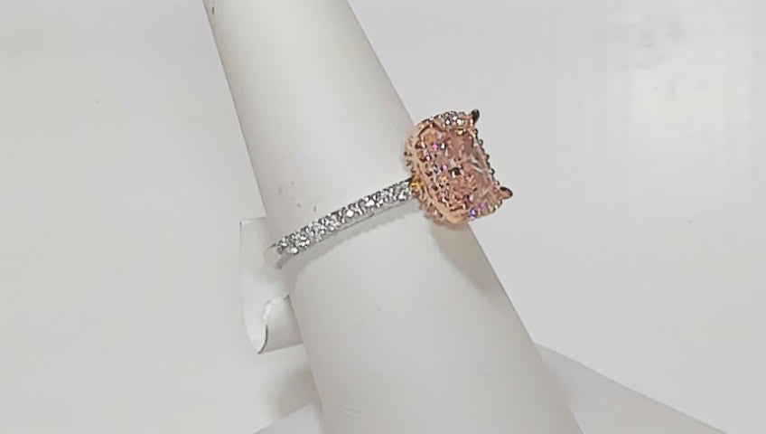 **14K 1.5ctw Pint Lab Diamond Pink Emerald Cut Halo Engagement Ring**