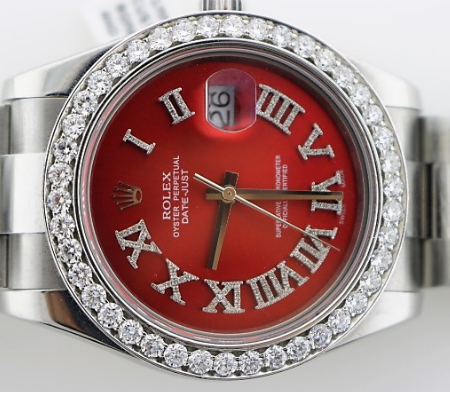 Rolex Datejust 36mm Red Roman Dial 5ct Diamond Bezel Watch