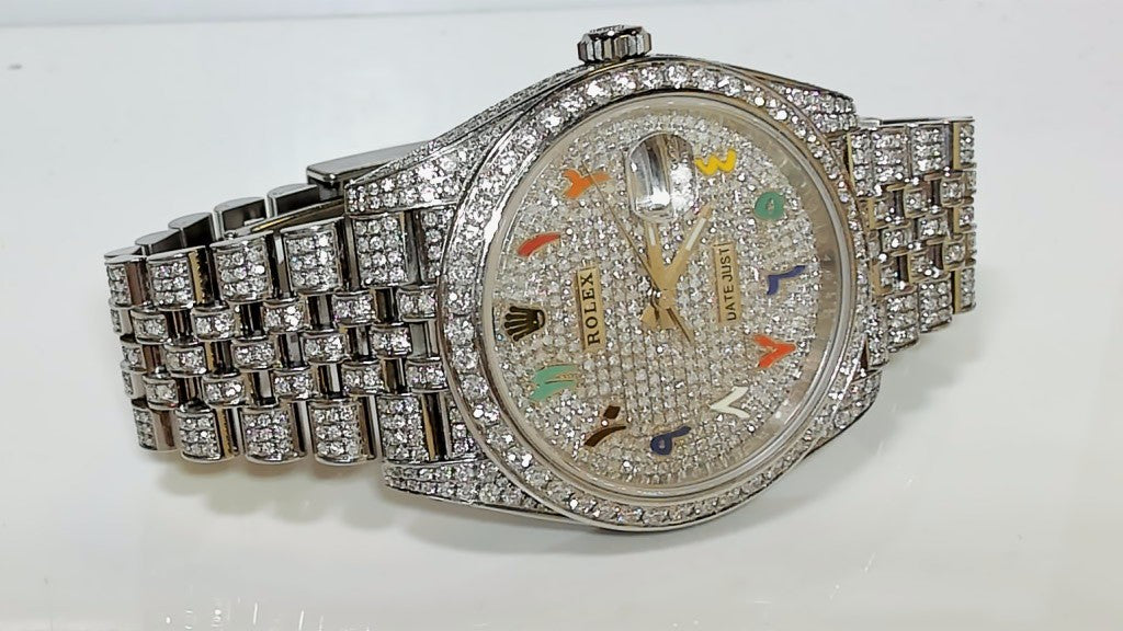 **Iced Out Rolex Datejust 41mm Diamond Watch Multi-Color Arabic Dial**