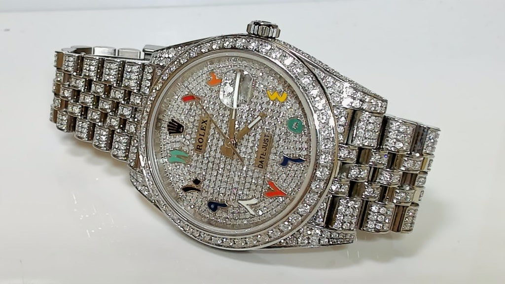 **Iced Out Rolex Datejust 41mm Diamond Watch Multi-Color Arabic Dial**