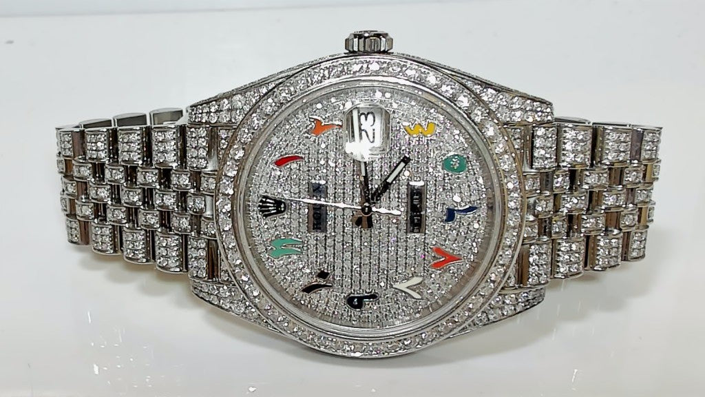 **Iced Out Rolex Datejust 41mm Diamond Watch Multi-Color Arabic Dial**