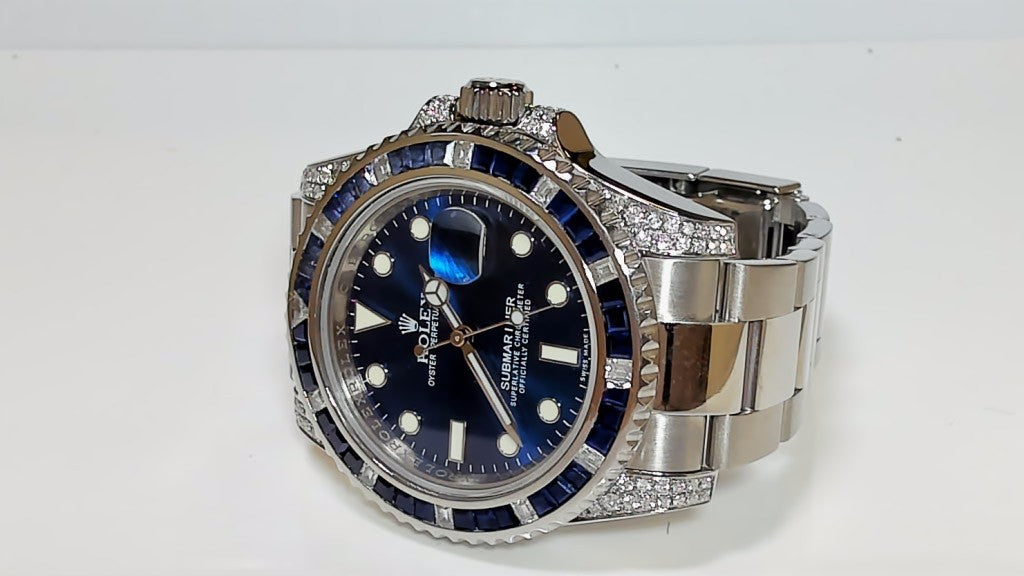 **Rolex Submariner Blue Dial with Diamond Lugs and Sapphire Bezel**