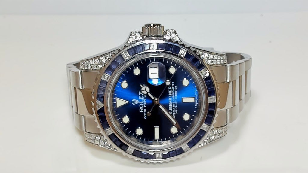 **Rolex Submariner Blue Dial with Diamond Lugs and Sapphire Bezel**