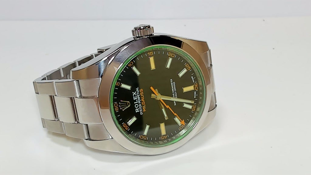 Rolex Milgauss Stainless Steel Men's Watch Black Dial Green Sapphire