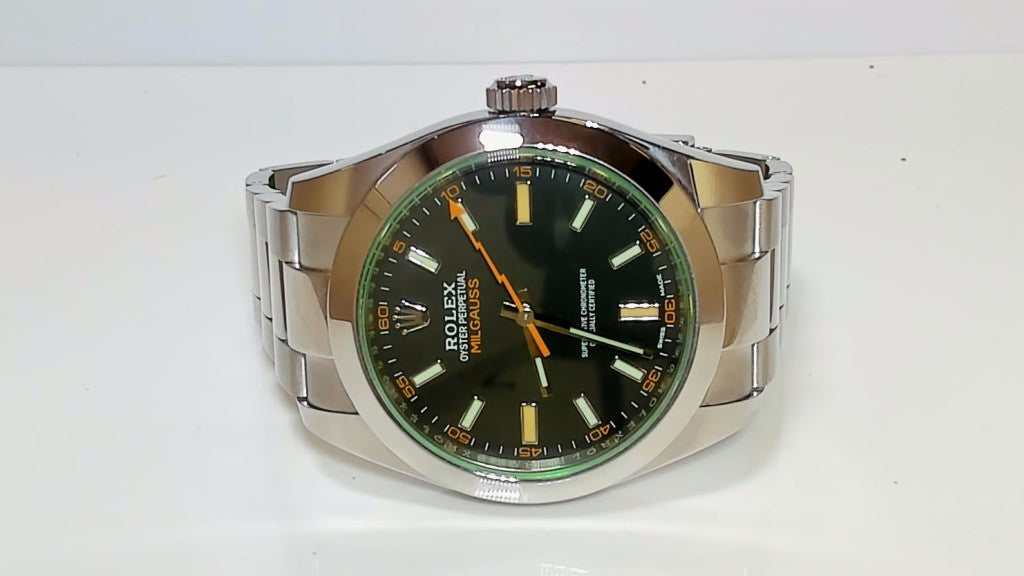 Rolex Milgauss Stainless Steel Men's Watch Black Dial Green Sapphire