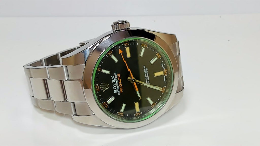 Rolex Milgauss Stainless Steel Men's Watch Black Dial Green Sapphire