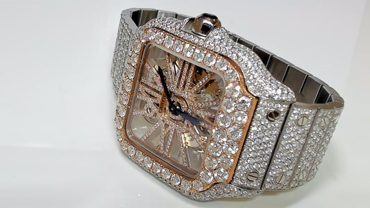 **Cartier Men's Iced-Out Skeleton Rose Gold & Stainless Steel Watch**