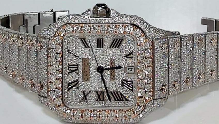 Cartier Santos Two-Tone Fully Iced Diamond Watch.