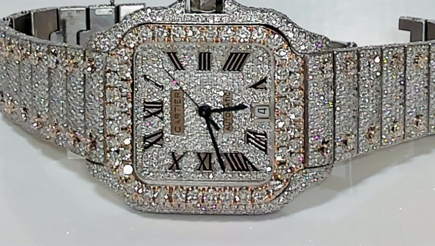 Cartier Santos Two-Tone Fully Iced Diamond Watch.