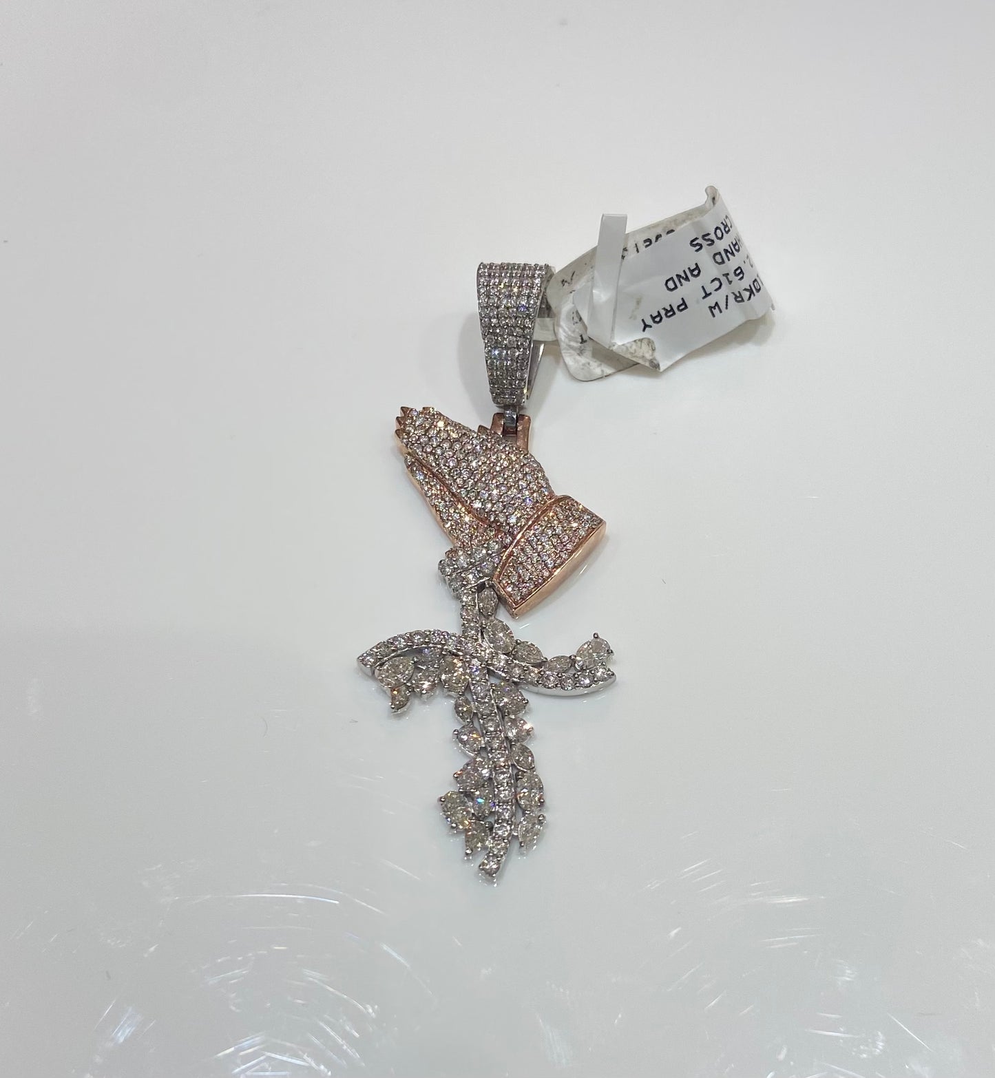 10K Rose/White 2.61CT Pray Hand And Cross Charm