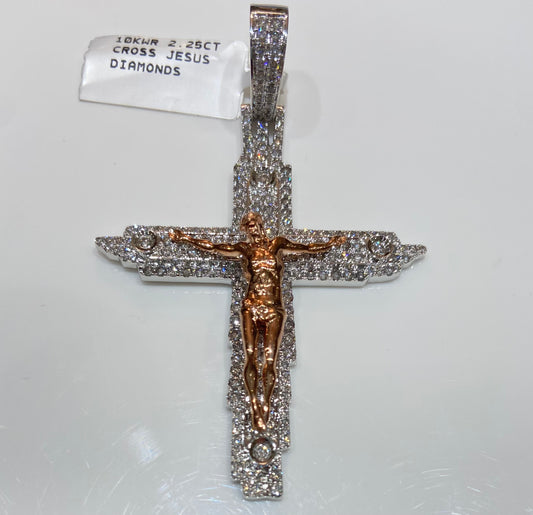 10K White Rose Gold 2.25CT Jesus Cross Diamond Charm