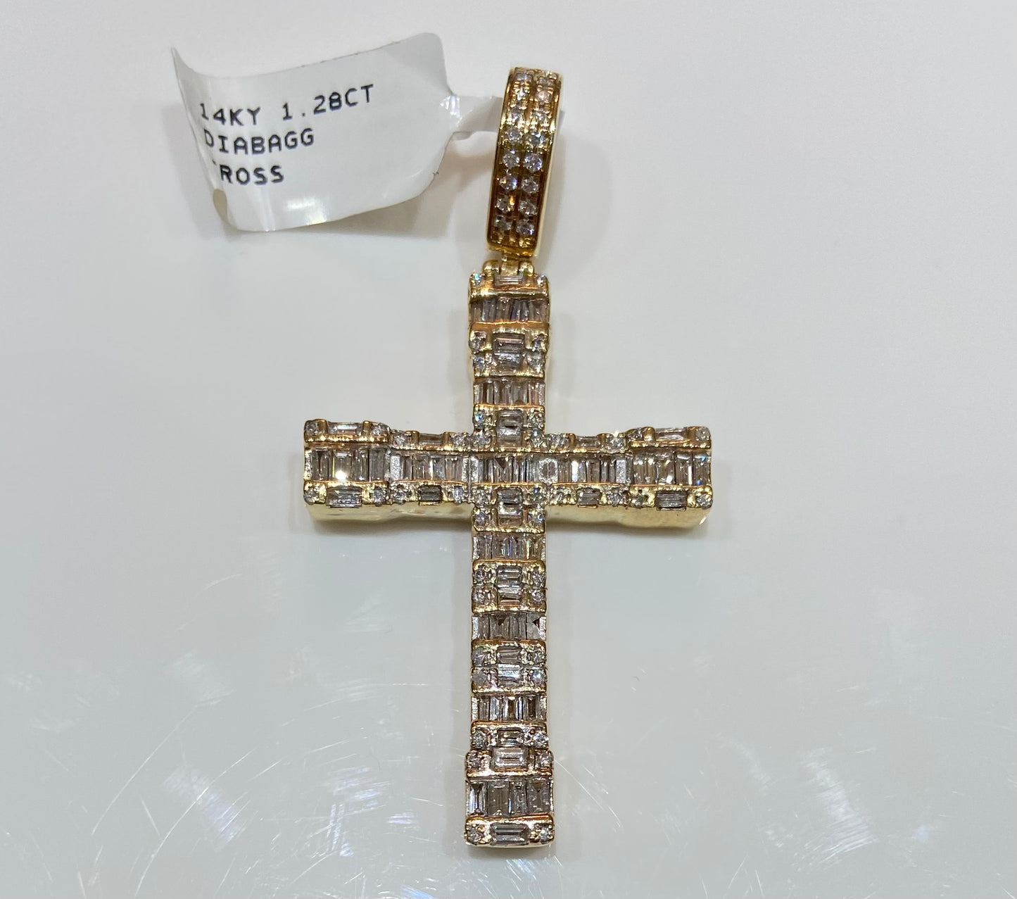 14K Yellow Gold 1.28CT Diamond Baguette Cross Charm