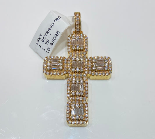 14K Yellow Gold 1.5CT Baguette/Round Cross Charm