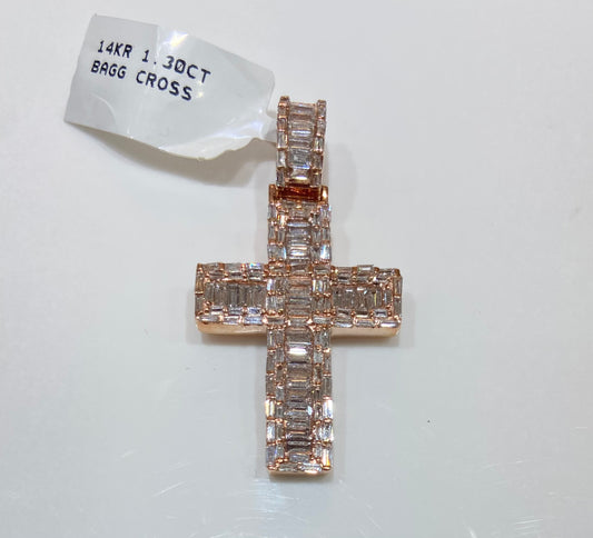 14K Rose Gold 1.30CT Baguette Cross