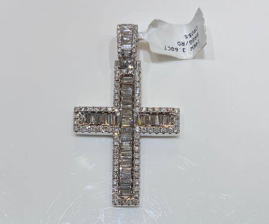 14K White Gold 3.60CT Baguette/Round Cross