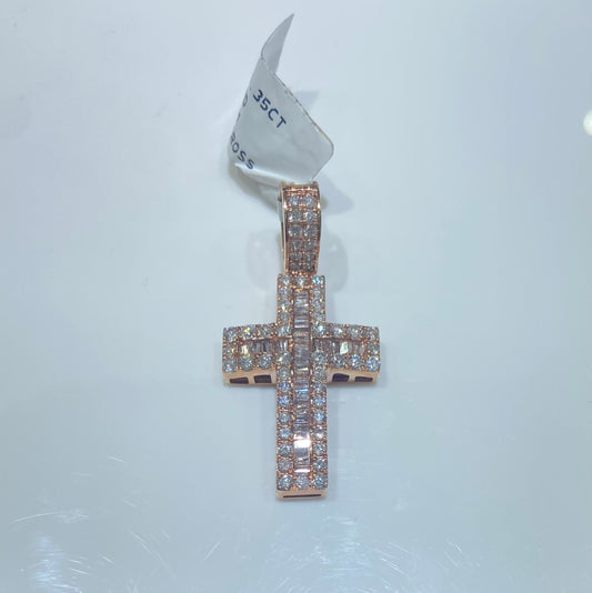 14K Rose Gold 1.35CT Baguette/Round Cross Charm