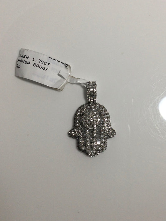 14K White Gold 1.35CT Baguette/Round Hamsa Charm