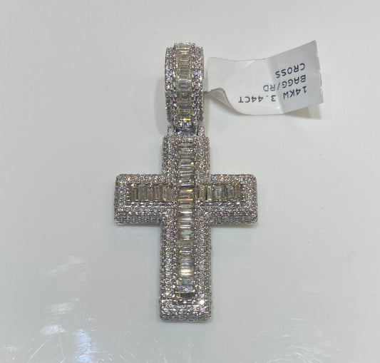 14K White Gold 3.44CT Baguette/Round Cross