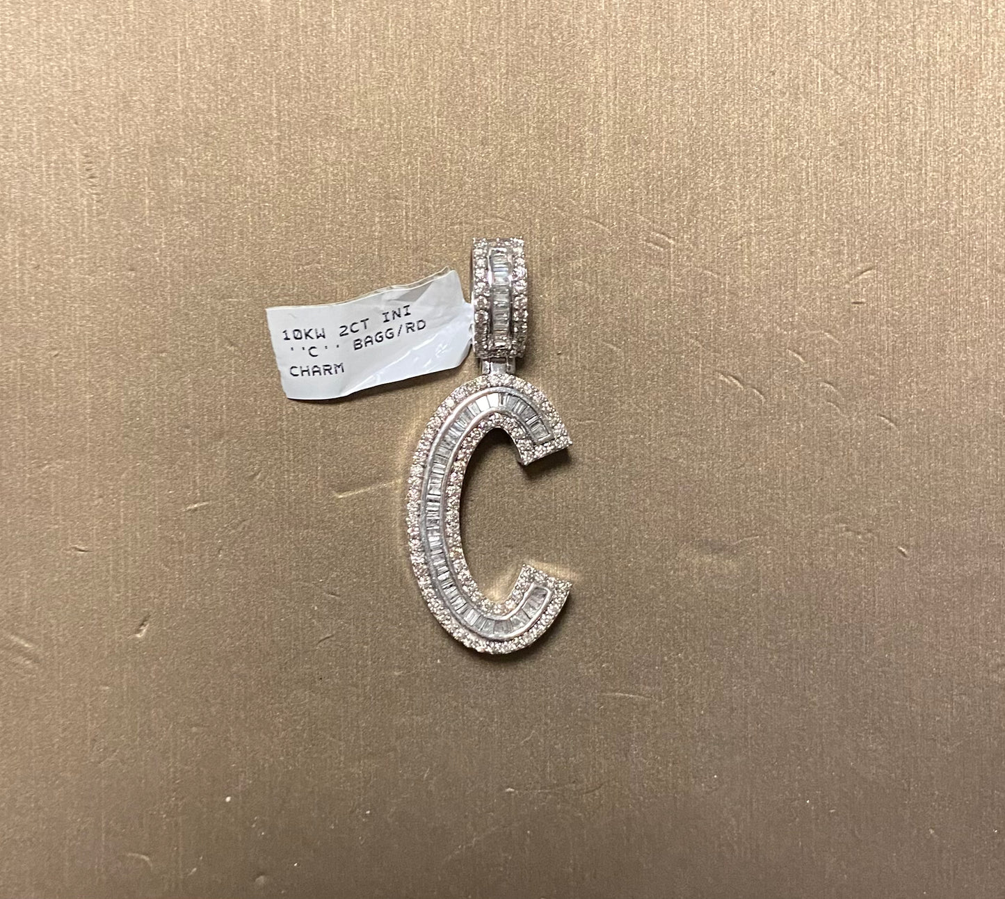 10K White Gold 2CT "C" Baguette/Round Initial Charm