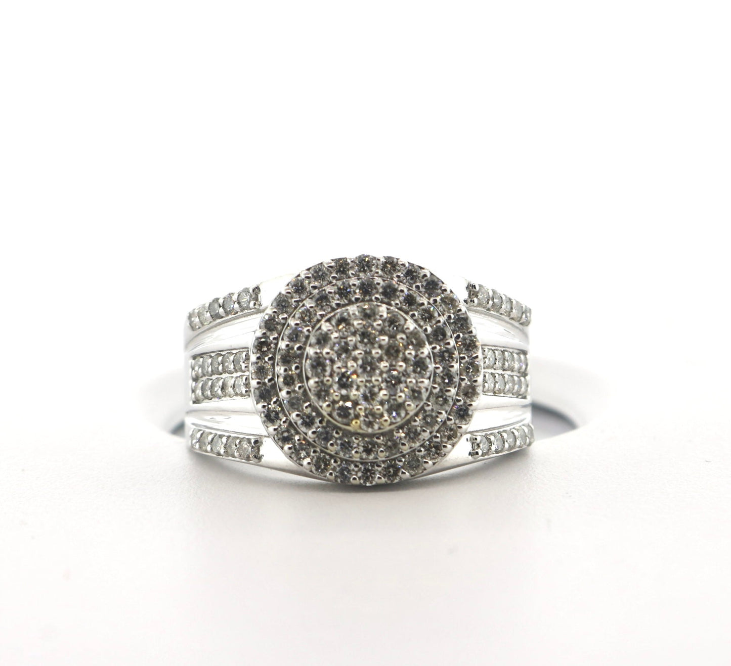 10K White Gold 1.30CT Bagg/RD DD Halo Ring