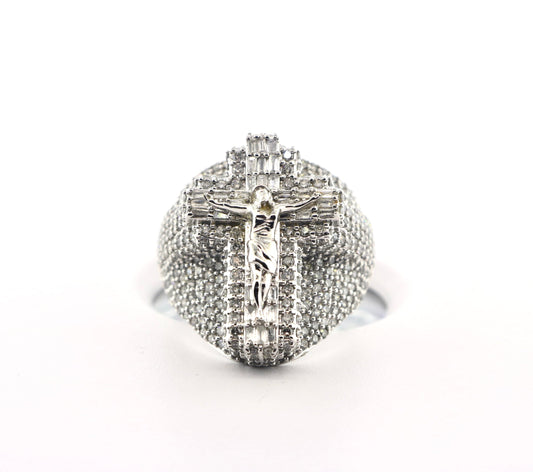 10K White Gold 3.85CT Cross Jesus Mens Ring