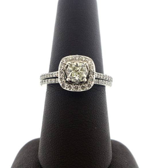 14K White Gold 1.02/1CT Halo Cushion Bridal Ring Set